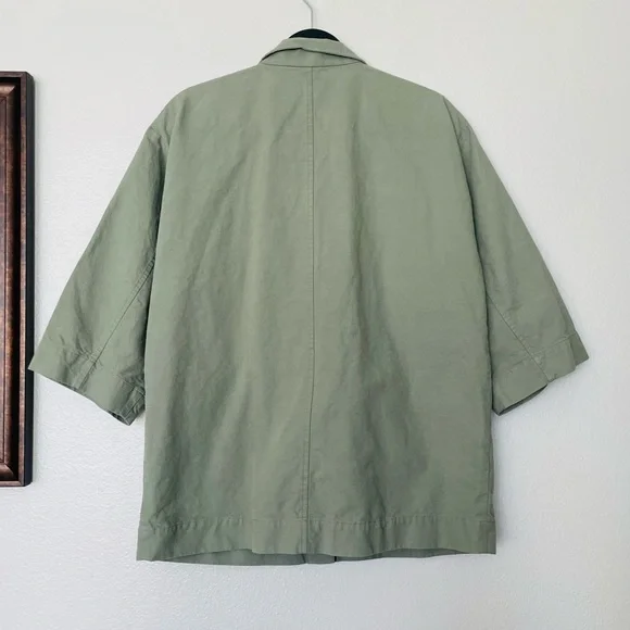 Eileen Fisher Organic Cotton Hemp Green Canvas Jacket Snap Closure Size PS